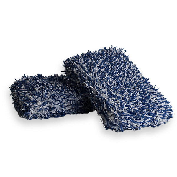 2 blue and white premium korean car wash pads on a white background