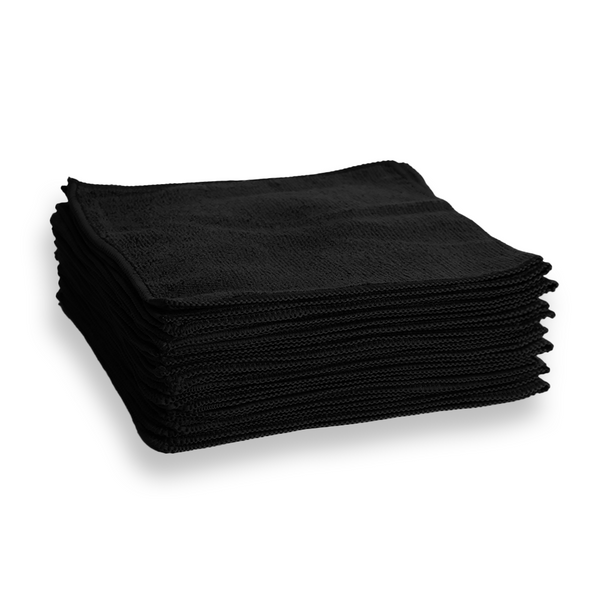 A stack of black microfibre cloths.
