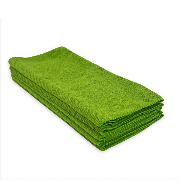 a stack of green folded microfibre cloths