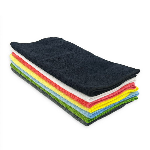 A stack of various coloured microfibre cloths
