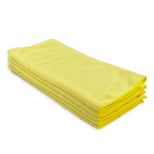 a stack of yellow folded microfibre cloths