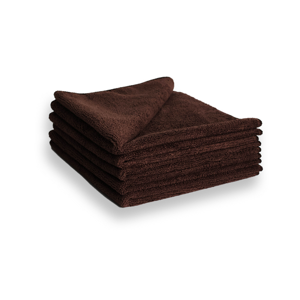 A stack of brown 330gsm microfibre cloths.