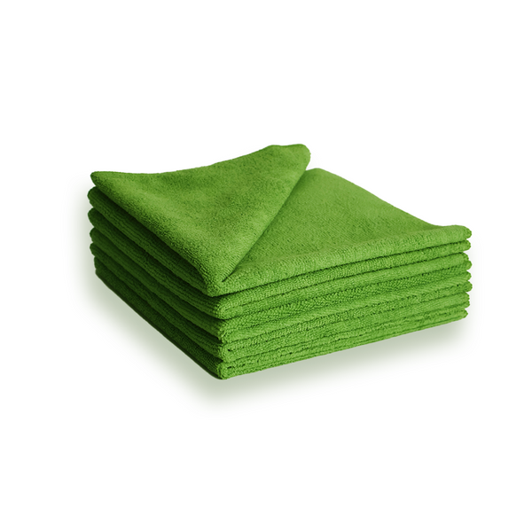 A stack of green 330gsm microfibre cloths.