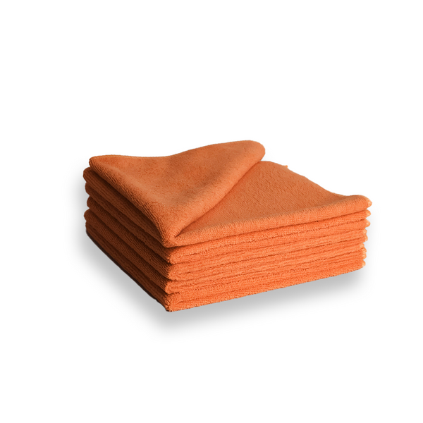 A stack of orange 330gsm microfibre cloths.