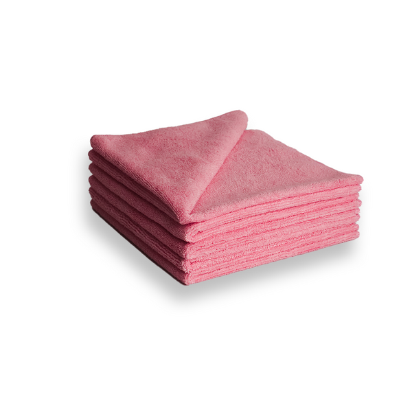 A stack of pink 330gsm microfibre cloths.