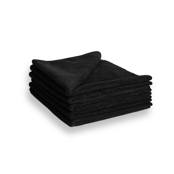 A stack of black 330gsm microfibre cloths.