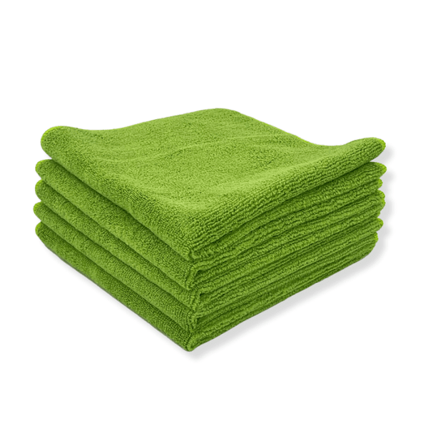 A stack of green microfibre towels on a white background