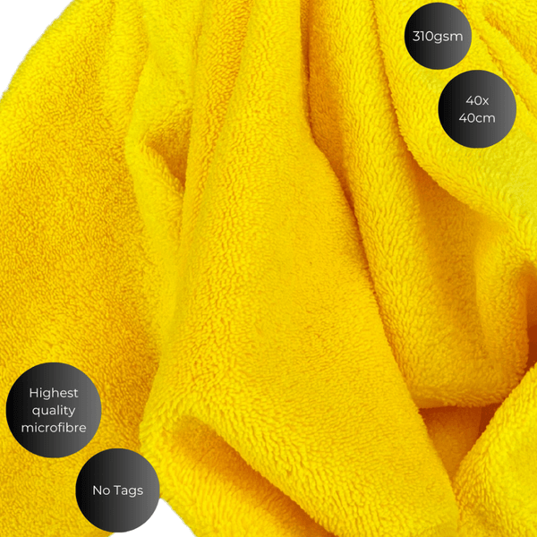 Close-up of a yellow towel with text labels on a white background