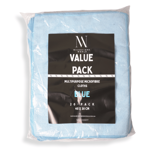 Pack of blue multipurpose microfibre cloths with a visible brand label on a white background