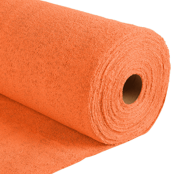 A roll of orange microfibre by the metre on a white background