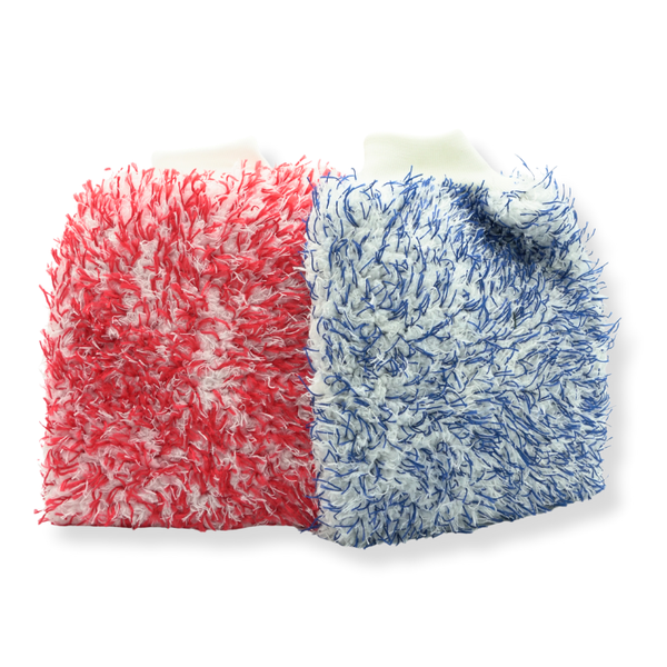 Two microfibre car wash mitts, one red and white, the other blue and white, on a white background.