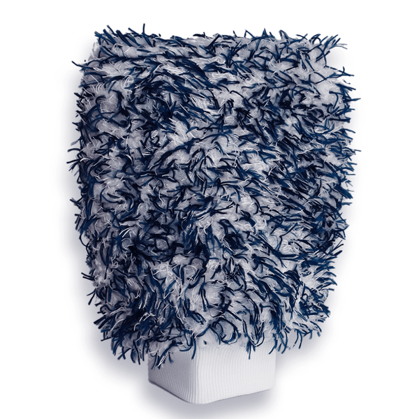 A blue and white fluffy microfibre mitt designed to wash cars
