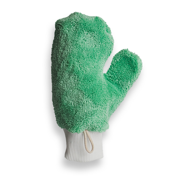 A single mint green microfibre dusting mitt with a white wrist cuff.