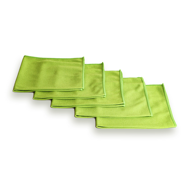 A row of green glass cleaning cloths