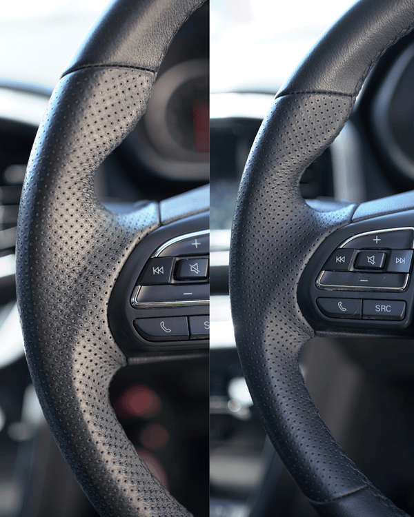 A before and after of a dirty steering wheel to a clean steering wheel