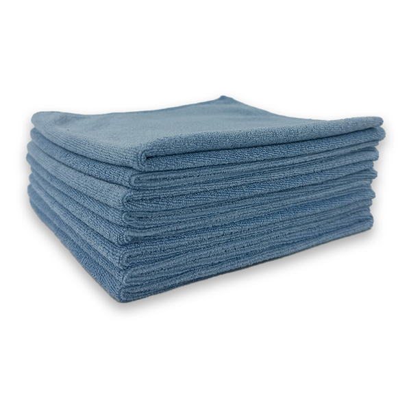 Stack of blue microfiber cloths on a white background