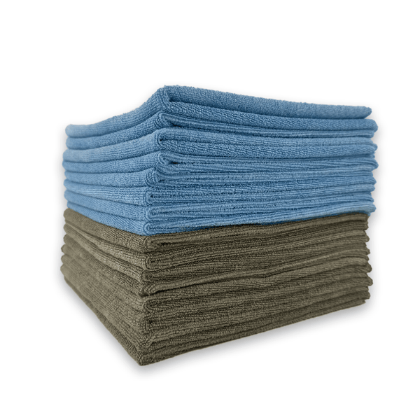 Stack of blue and gray microfiber cloths on a white background