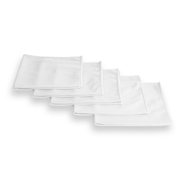 A stack of 5 white Korean glass cloths laid flay on a white background
