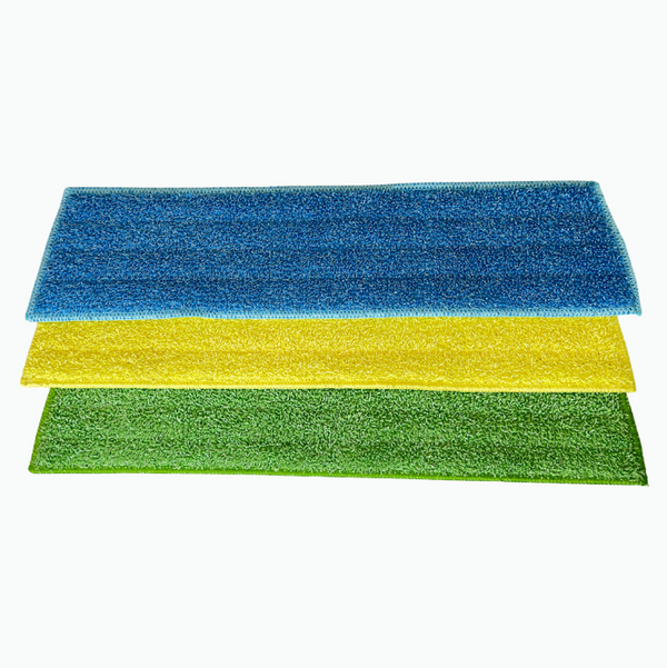 Three microfibre mop pads in blue, yellow, and green, stacked on top of each other
