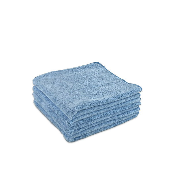 A stack of blue plush 330gsm microfibre cloths