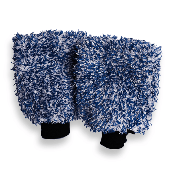 2 blue and white premium korean wash mitts on a white background