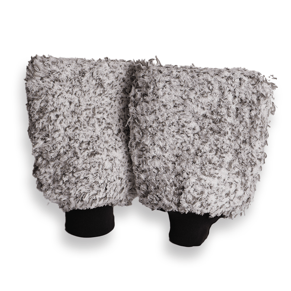 2 grey and white microfibre wash mitts on a white background
