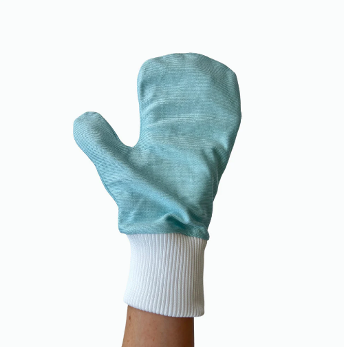 A blue microfibre glass cleaning mitt worn on a person's hand, showing a white cuff and a rope tie.