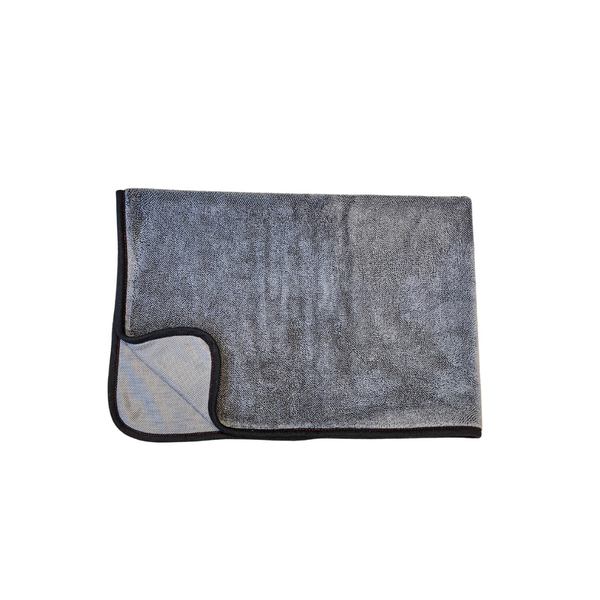 A grey one-sided twist loop drying towel for cars, with the other side being mesh, displayed on a white background.