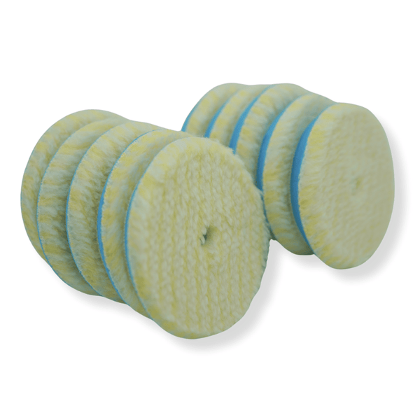 A stack of blue 3 inch wool buffing pads