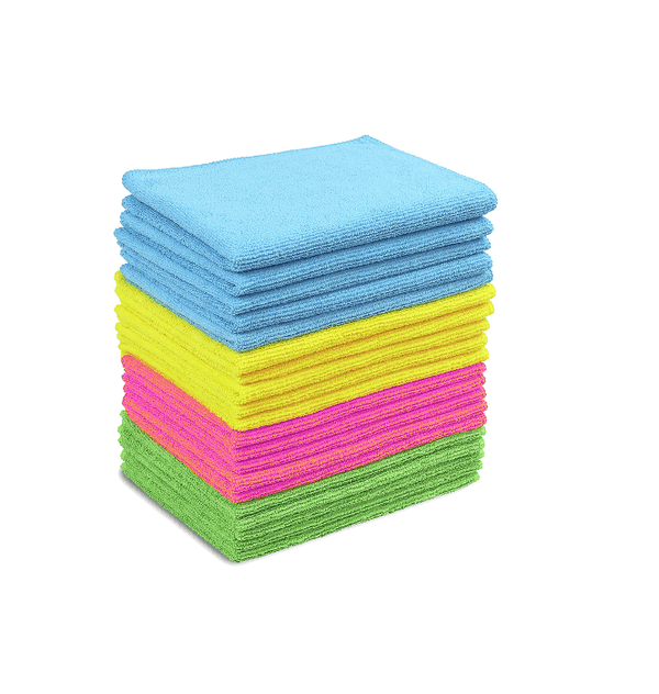 A stack of microfibre cleaning cloths in multiple colours including blue, green, yellow, and pink.