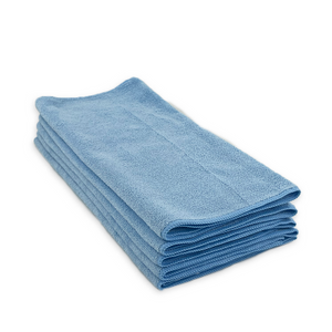 A stack of blue folded microfibre cloths