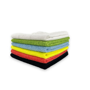 A stack of microfibre cloths in various colours including white, green, blue, red, and yellow.