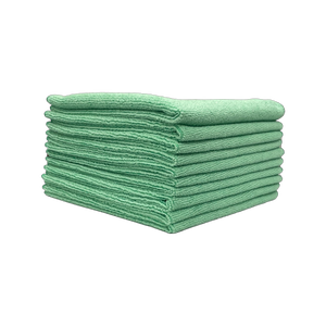 A stack of mint green microfibre cleaning cloths on a white background