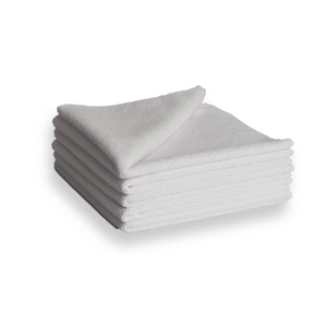A stack of white 330gsm microfibre cloths.