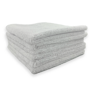 A stack of white 310 gsm microfibre cloths 