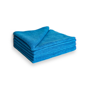 A stack of Dark Blue 330gsm microfibre cloths
