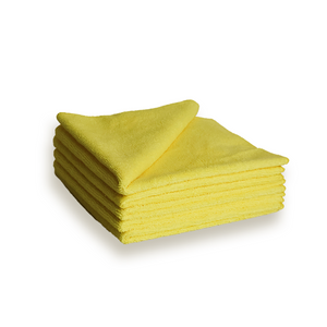 A stack of yellow 330gsm microfibre cloths.