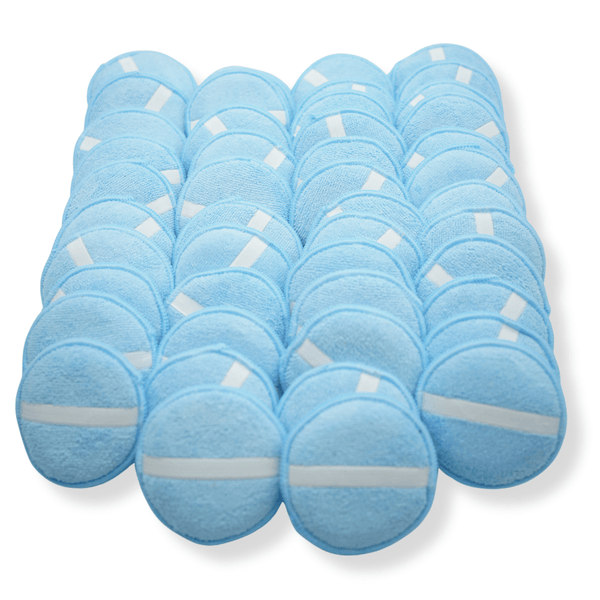 A bulk stack of 50 blue polish and wax microfibre applicators with a strap