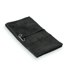 A folded black microfibre barista cleaning cloth with a stainless eyelet and a free belt hook.