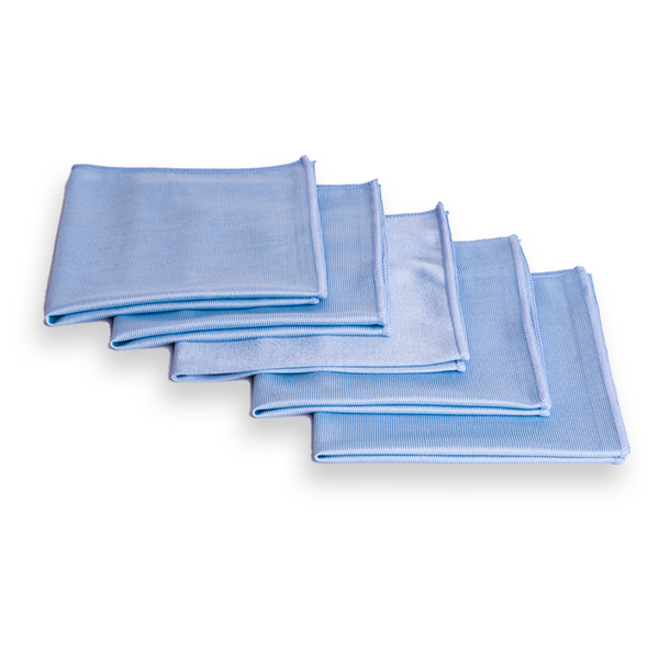 A row of light blue glass cleaning cloths 
