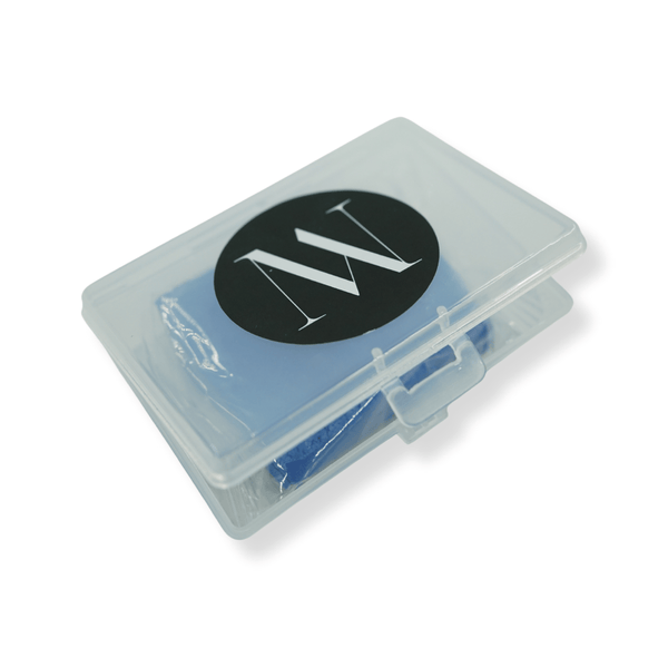 Clear plastic container with blue items inside on a white background