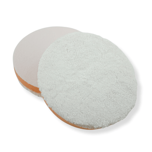 2 round coral fleece buffing pads made from microfibre showing front and back of the buffing pads on a white background