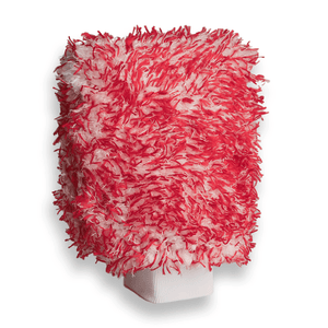 A red and white fluffy microfibre mitt designed for washing cars