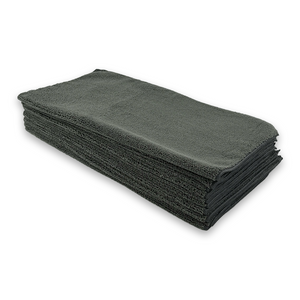A stack of grey large microfibre cleaning cloths
