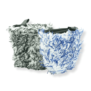 Two car wash wheel mitts with one in black and one in blue on a white background