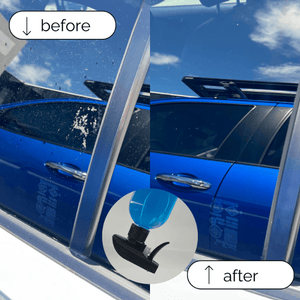 Before and after comparison of a glass cleaner spray on a blue car.