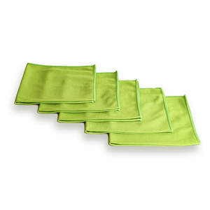 A row of green glass cleaning cloths 