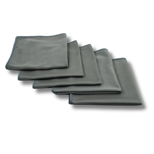 5 grey Korean Microfibre glass cloths on a white background