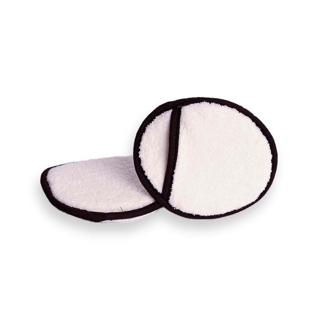 Two circular microfibre applicator mitts with a black microfibre suede edge and a pocket in the centre, on a white background.