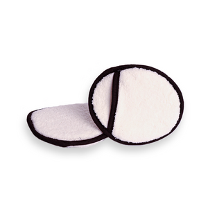 Two circular microfibre applicator mitts with a black microfibre suede edge and a pocket in the centre, on a white background.